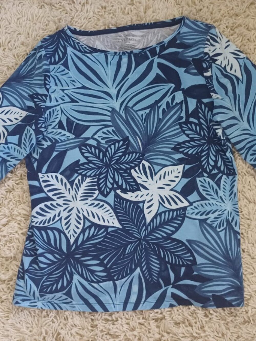 Talbots Tee LP Large Petite Blue Tropical Floral 3/4 Sleeve Cotton Stretch